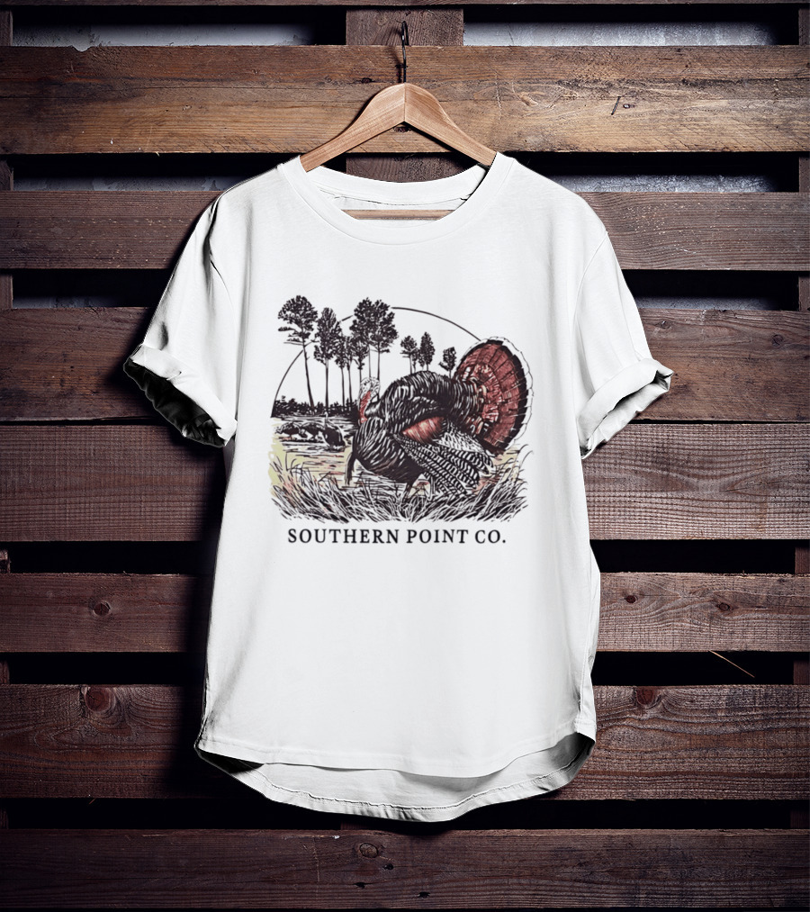 Southern Point Co. Turkey Strutting In The Field With Pine Trees And Horizon Scene T-Shirt