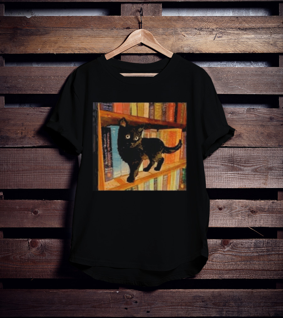 Black Cat On Bookshelf With Colorful Books T-Shirt