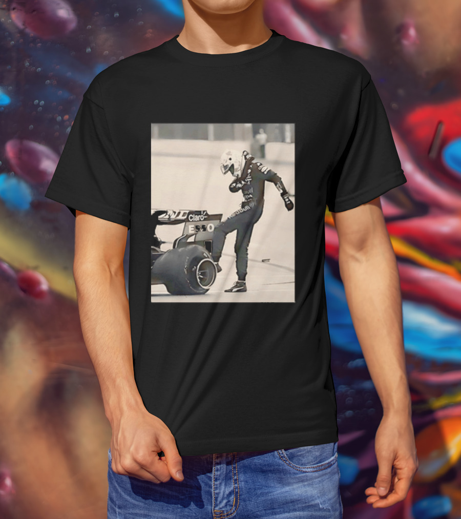 Max Verstappen Kicks Racing Tire Trackside In Racing Suit T-Shirt