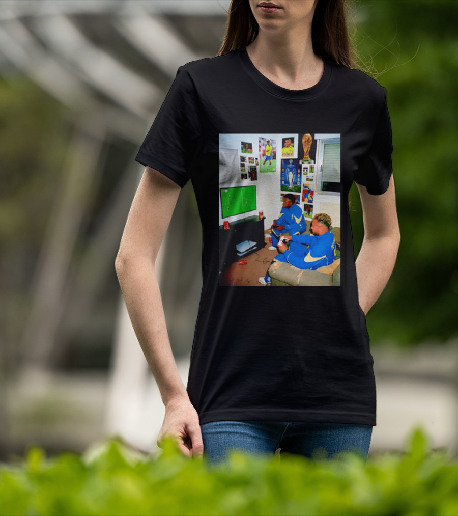 Brazil National Team Neymar Vinícius Júnior Playing Video Games Football S T-Shirt