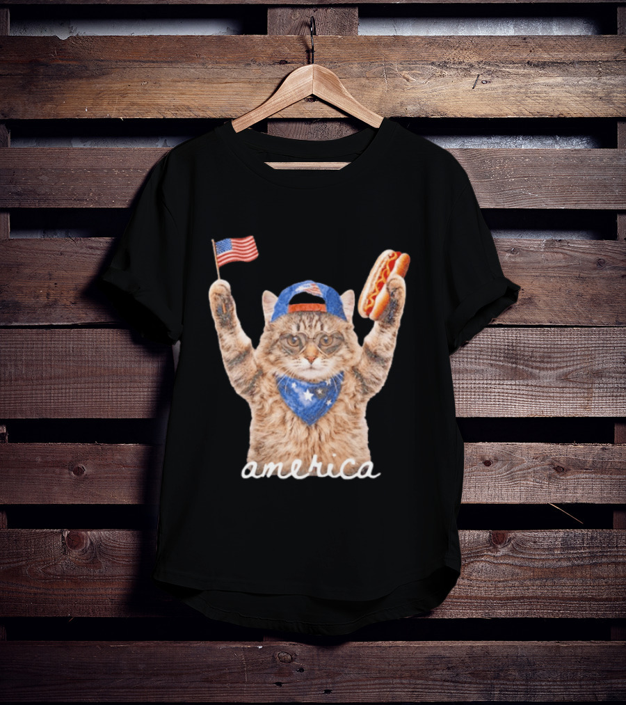 Patriotic Cat American Flag Hot Dog America Fourth Of July Celebration T-Shirt
