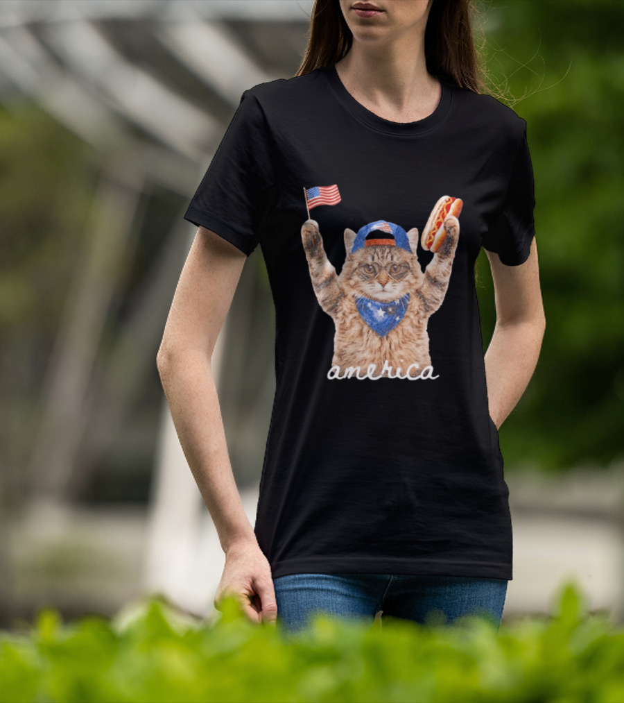 Patriotic Cat American Flag Hot Dog America Fourth Of July Celebration T-Shirt