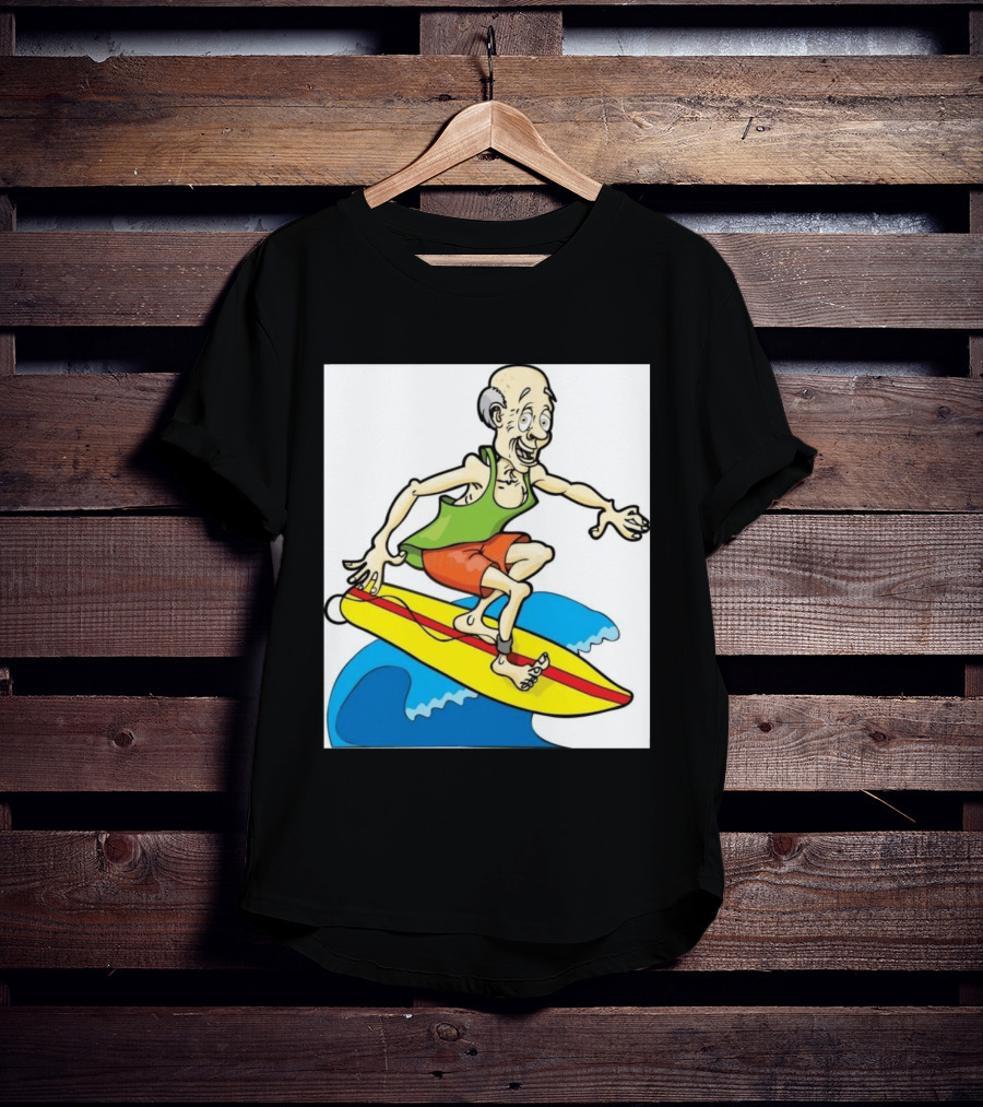 Retired Man Surfing Funny Cartoon Boomer On Yellow Board With Blue Waves T-Shirt