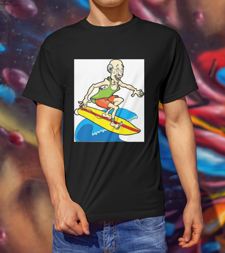 Retired Man Surfing Funny Cartoon Boomer On Yellow Board With Blue Waves T-Shirt