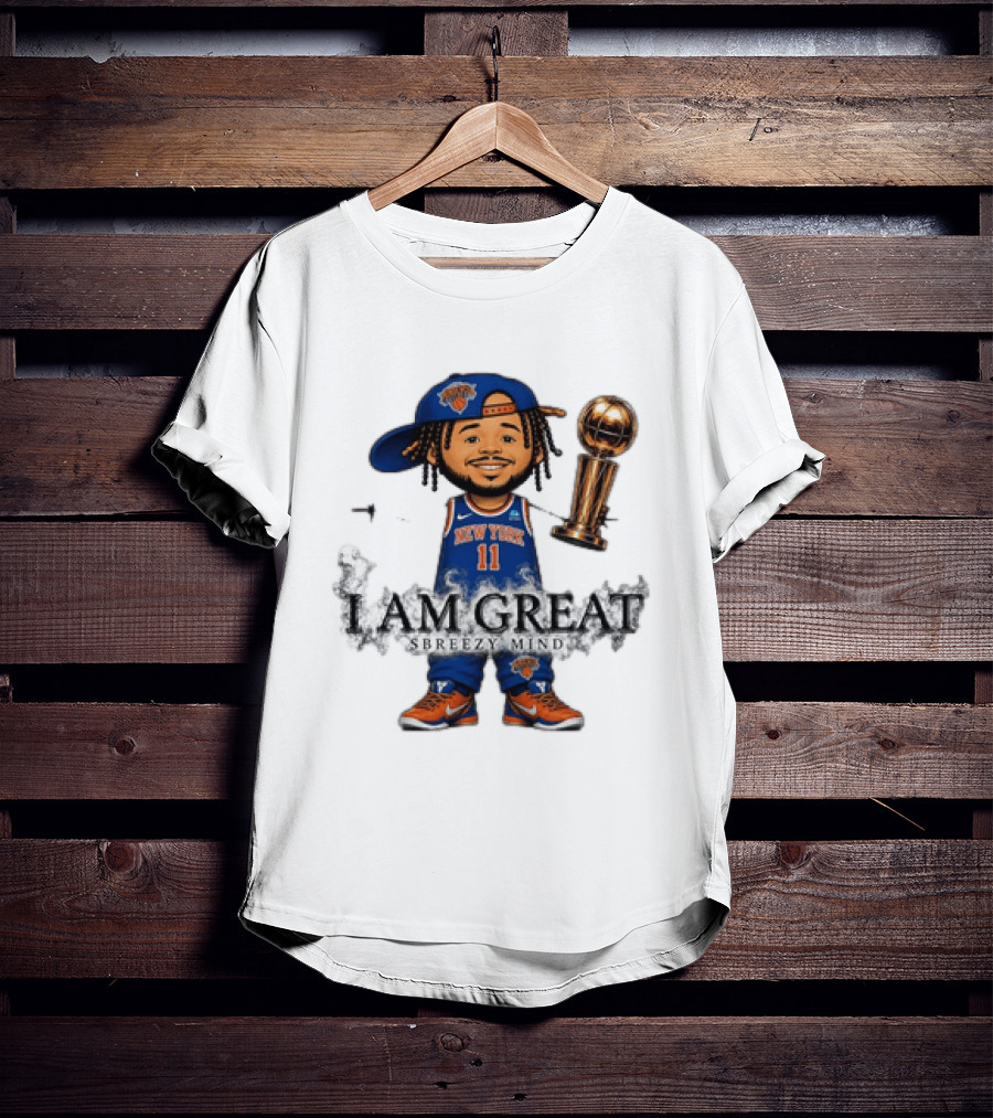 New York Knicks Jalen Brunson I Am Great Big Head Stick Hand Trophy T-Shirt