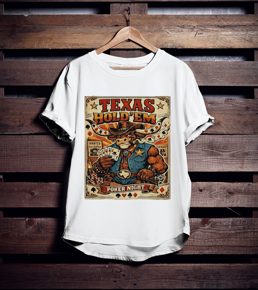 Texas Hold'em Poker Night Cowboy Bull Playing Cards Wanted Bad Skaffers T-Shirt