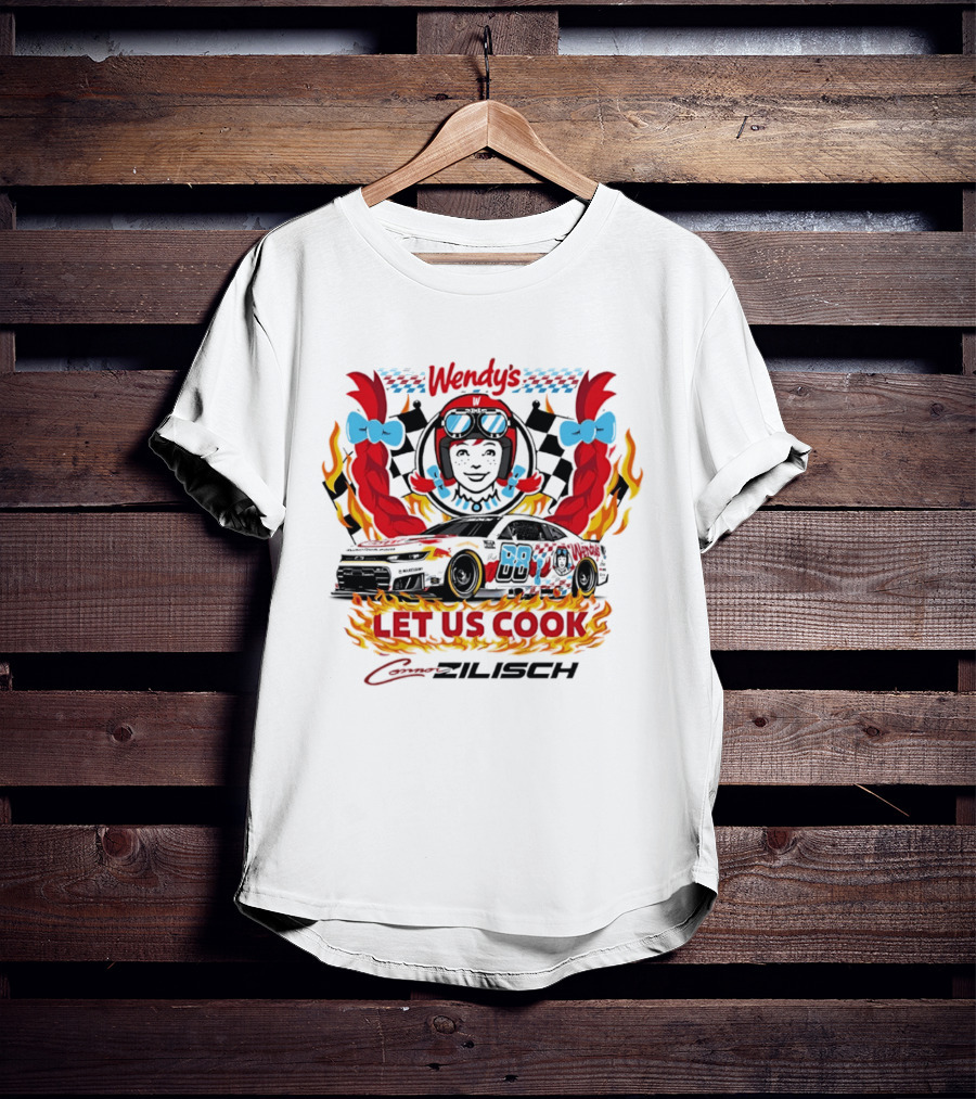 Wendy's Let Us Cook Connor Zilisch Racing Car Flames And Checkered Flag T-Shirt