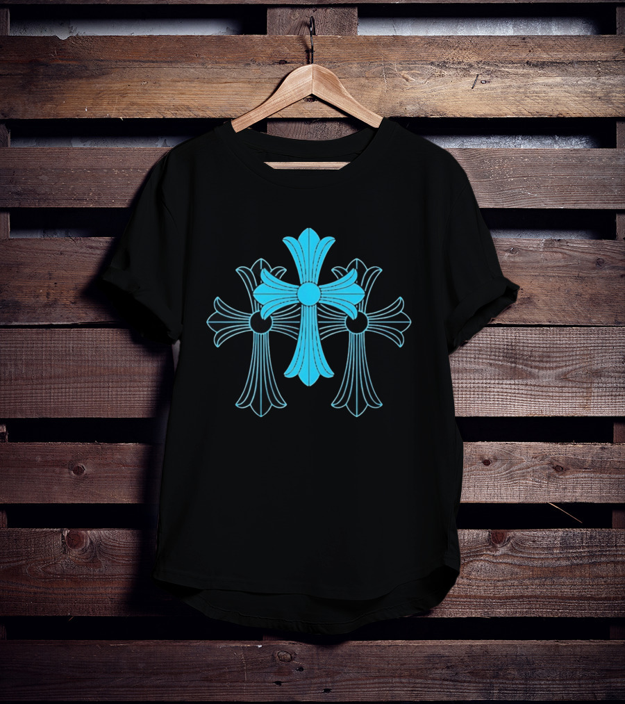 Blue Chrome Heart Cross Luxury Fashion Streetwear T-Shirt
