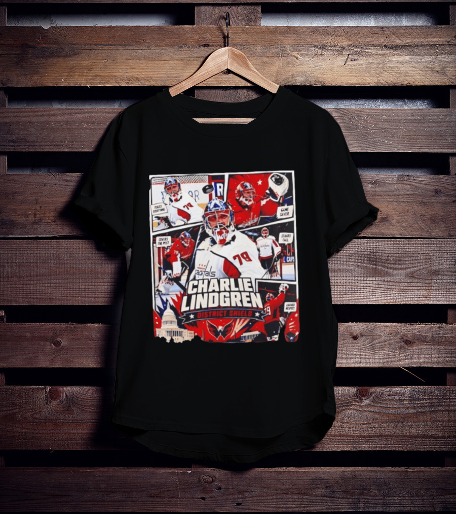 Charlie Lindgren Capitals District Shield Comic Style Hockey Action T-Shirt