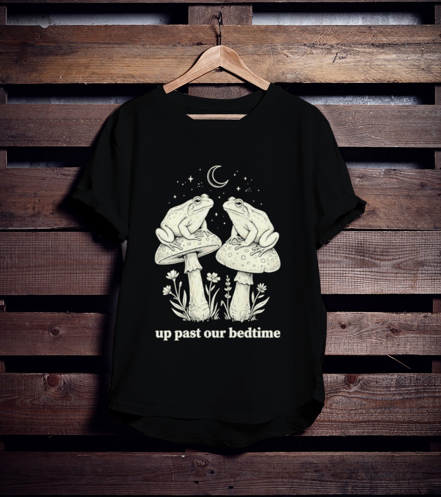 Two Frogs On Mushrooms Up Past Our Bedtime Night Sky Moon Stars T-Shirt