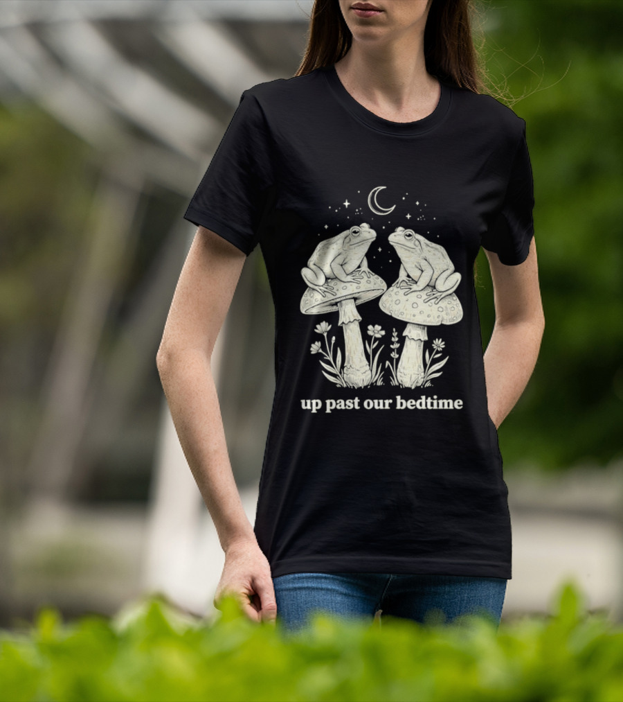 Two Frogs On Mushrooms Up Past Our Bedtime Night Sky Moon Stars T-Shirt