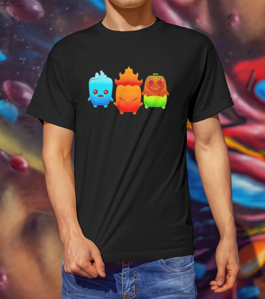 Water Fire And Earth Elemental Creatures Fireboy And Watergirl Cute Characters T-Shirt