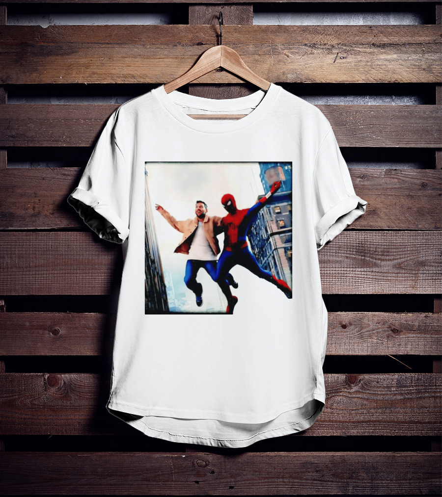 Lionel Messi And Spider Man Jump In City Marvel Cinematic Universe T-Shirt