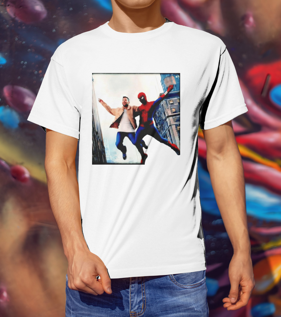 Lionel Messi And Spider Man Jump In City Marvel Cinematic Universe T-Shirt