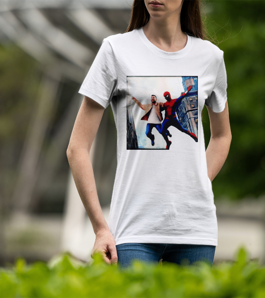 Lionel Messi And Spider Man Jump In City Marvel Cinematic Universe T-Shirt