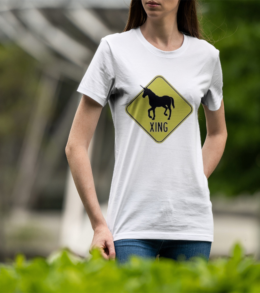 Unicorn Xing Mythical Creature Crosswalk Sign T-Shirt