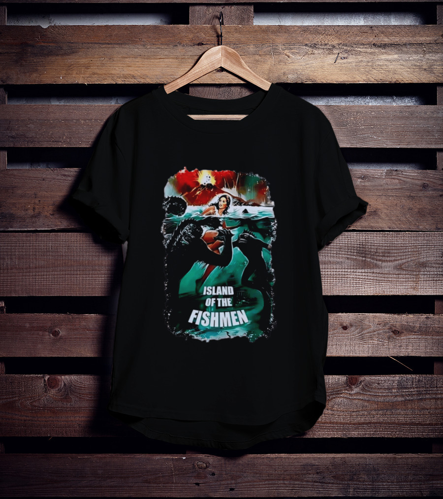 Island Of The Fishmen Vintage Movie Scene With Sea Monsters And Volcano T-Shirt