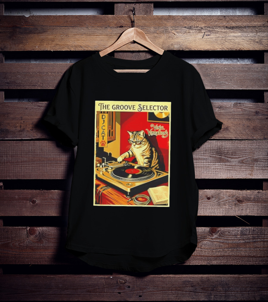 The Groove Selector DJ Cat Vinyl Vibrations Turntable Music Lover T-Shirt