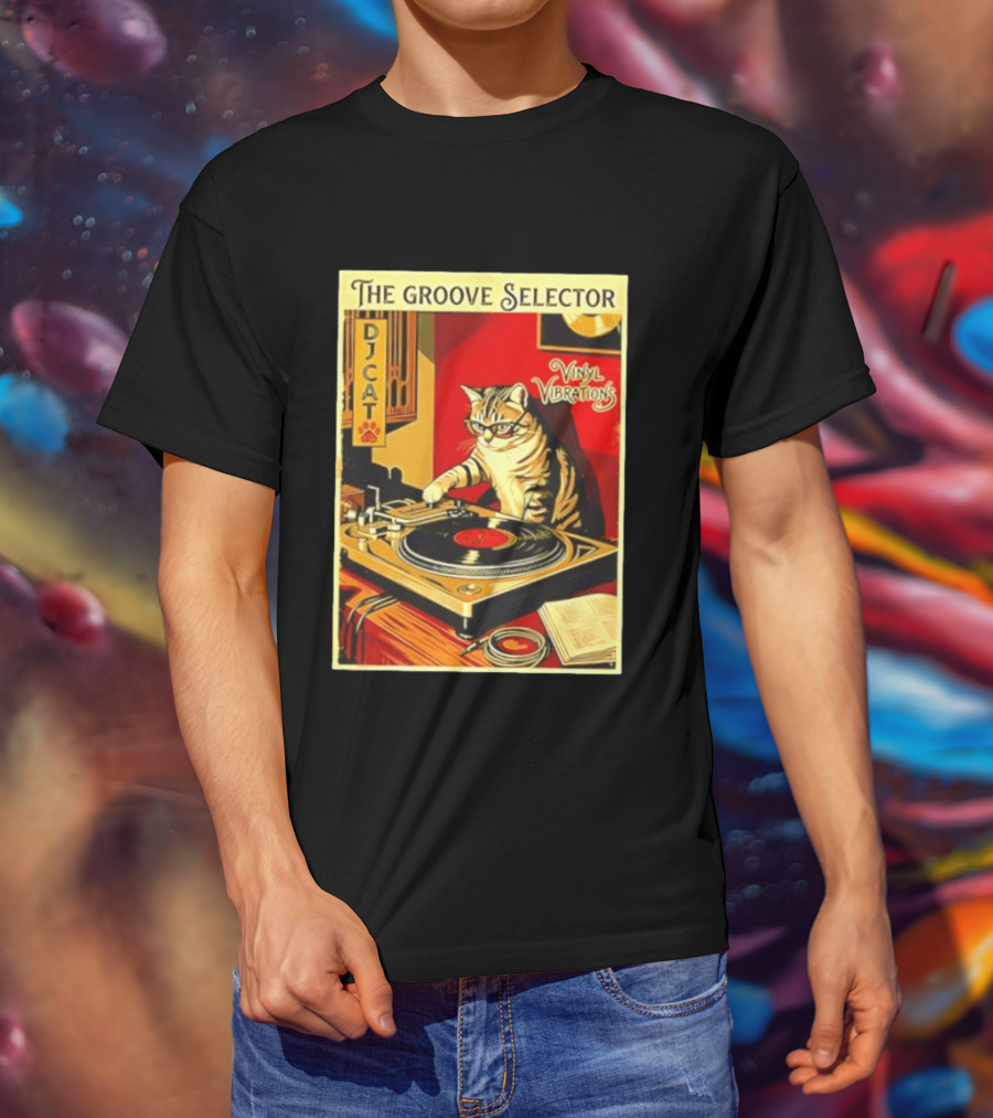 The Groove Selector DJ Cat Vinyl Vibrations Turntable Music Lover T-Shirt