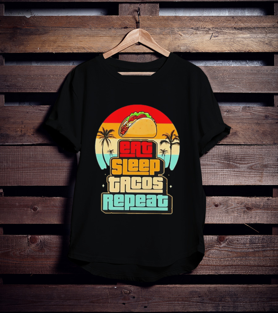 Eat Sleep Tacos Repeat Gaming Retro Sunset Palm Trees T-Shirt