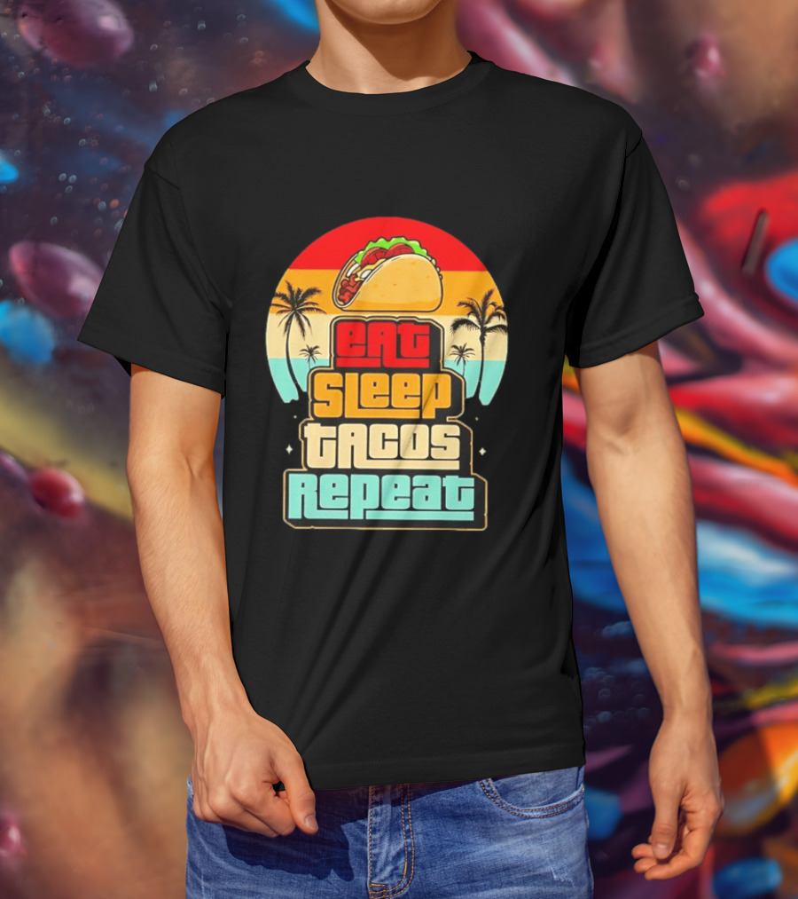 Eat Sleep Tacos Repeat Gaming Retro Sunset Palm Trees T-Shirt
