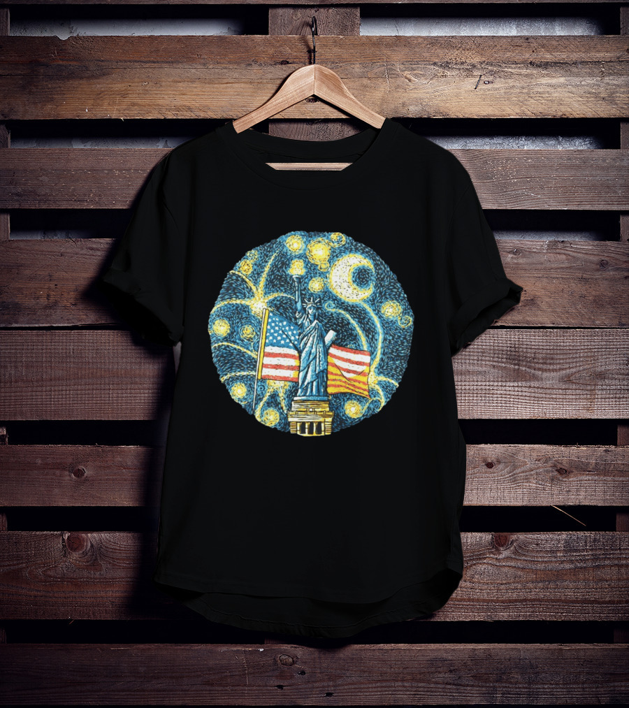 Statue Of Liberty USA Flag Firework Starry Night T-Shirt