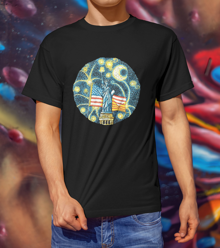Statue Of Liberty USA Flag Firework Starry Night T-Shirt