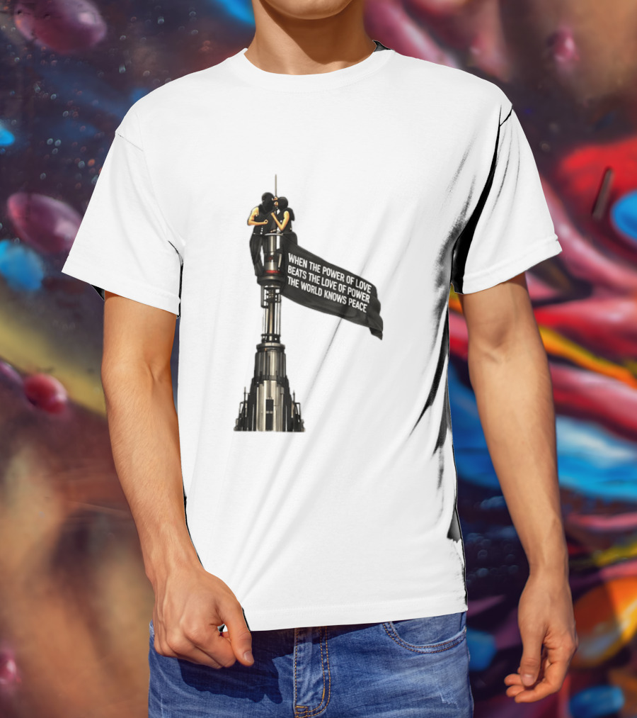 Angela Nikolau And Ivan Beerkus Love And Peace Flag On Empire State Building T-Shirt