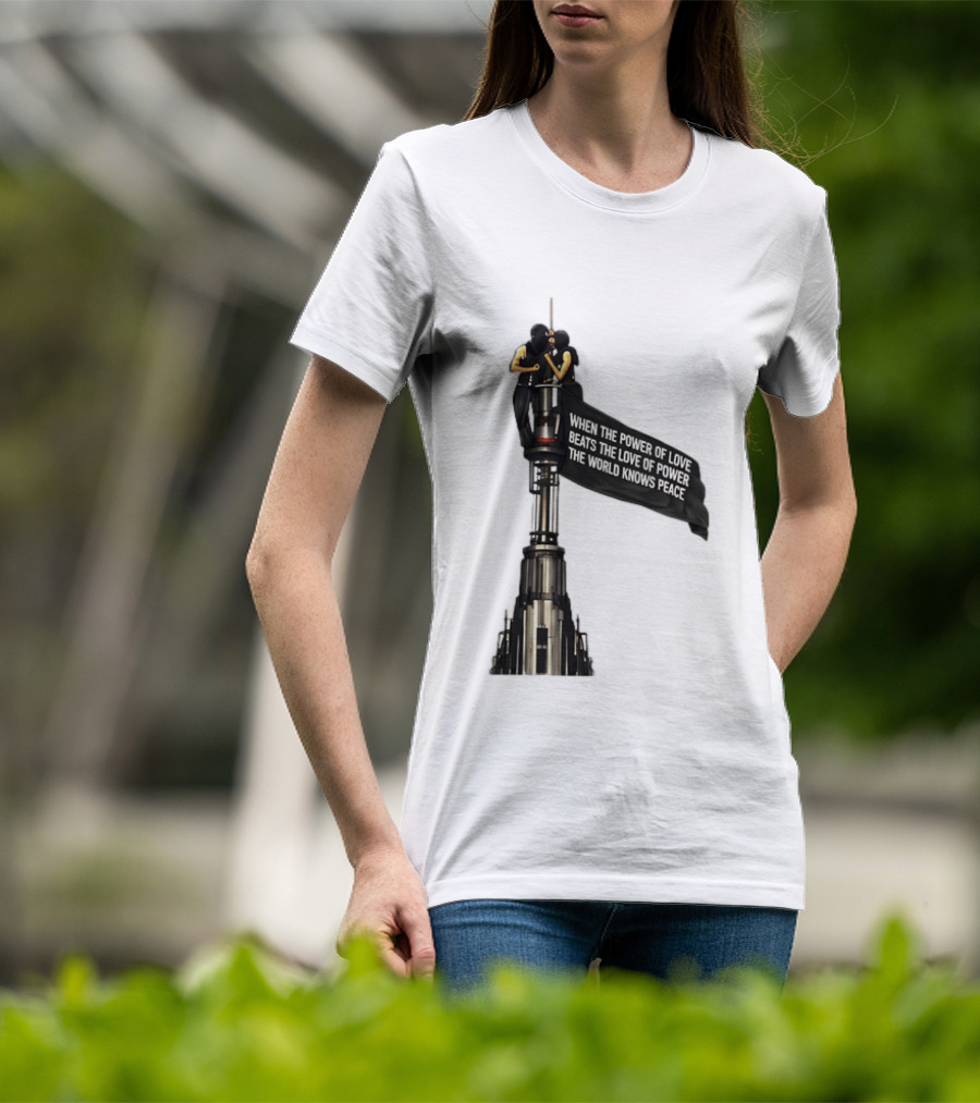 Angela Nikolau And Ivan Beerkus Love And Peace Flag On Empire State Building T-Shirt