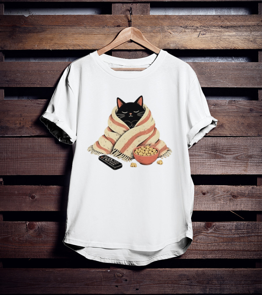 Cozy Black Cat Wrapped In Blanket With Popcorn And Remote T-Shirt