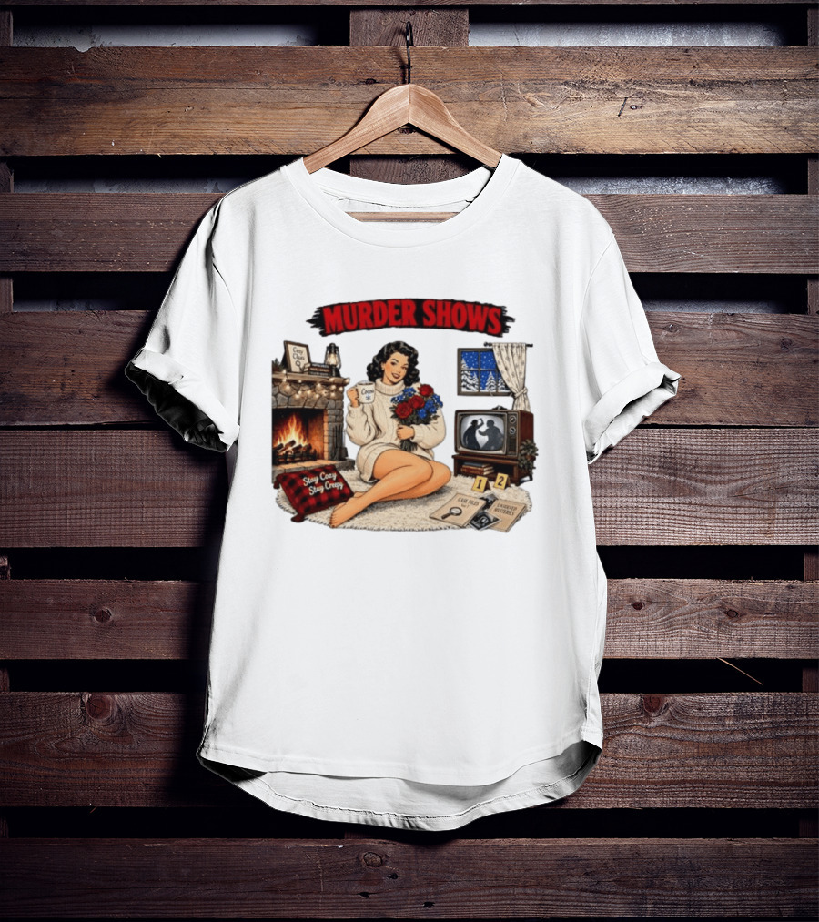 Murder Shows Cozy Creepy Mystery Scene With Fire, Roses, And Vintage TV T-Shirt