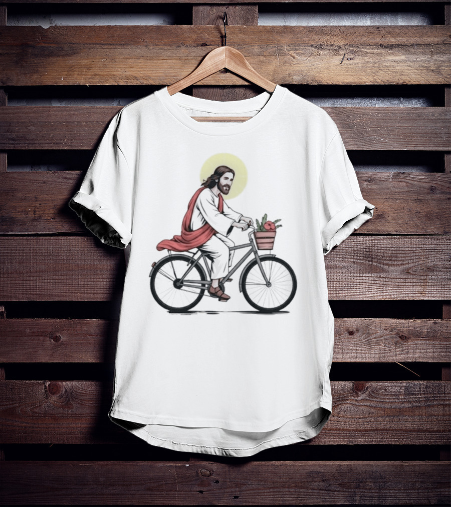 Christ On A Bike British Slang Jesus Cycling With Halo And Groceries T-Shirt