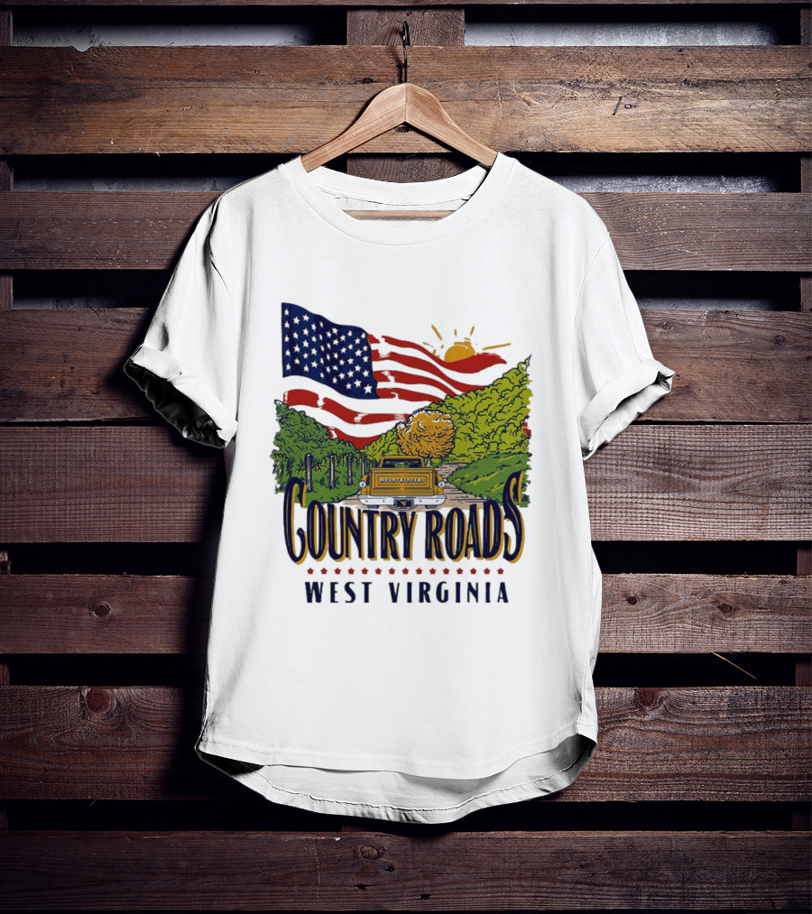 Country Roads West Virginia American USA Flag Vintage Truck Scenic Route T-Shirt
