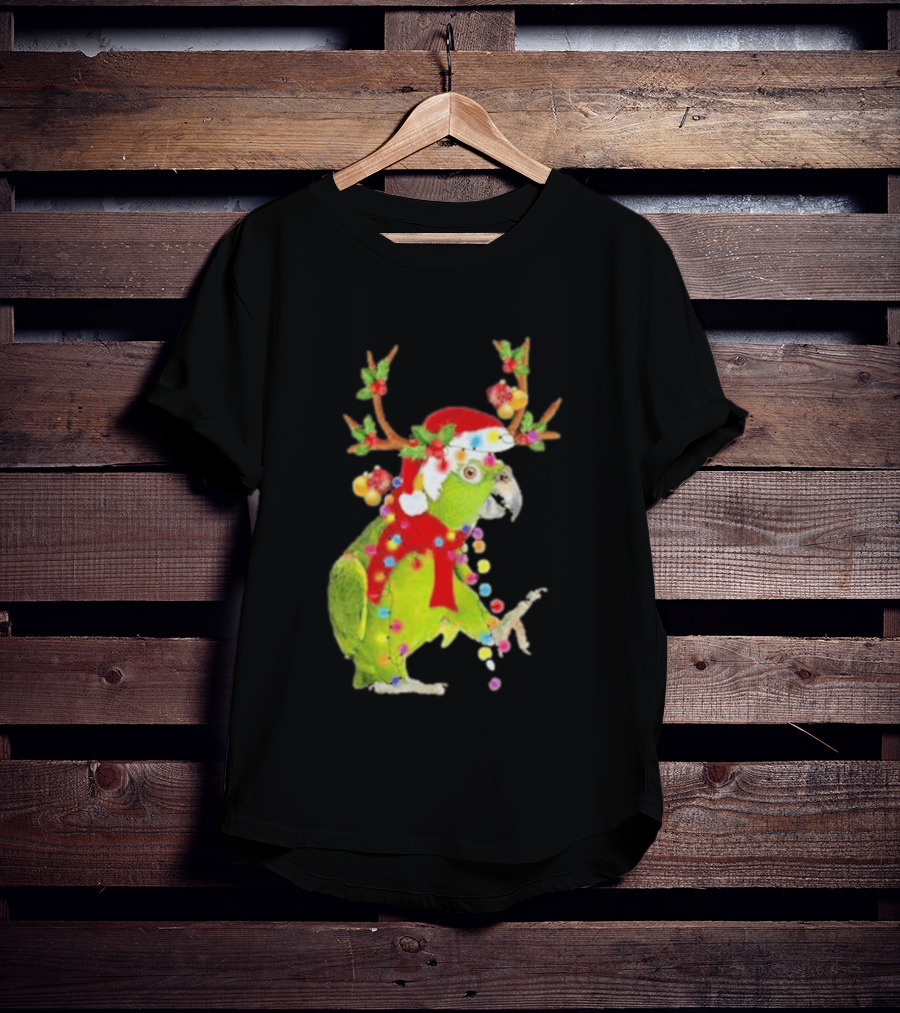 Festive Parrot Wearing Santa Hat And Reindeer Antlers T-Shirt