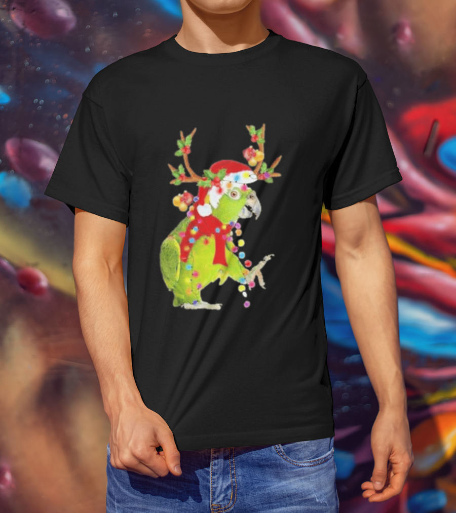 Festive Parrot Wearing Santa Hat And Reindeer Antlers T-Shirt