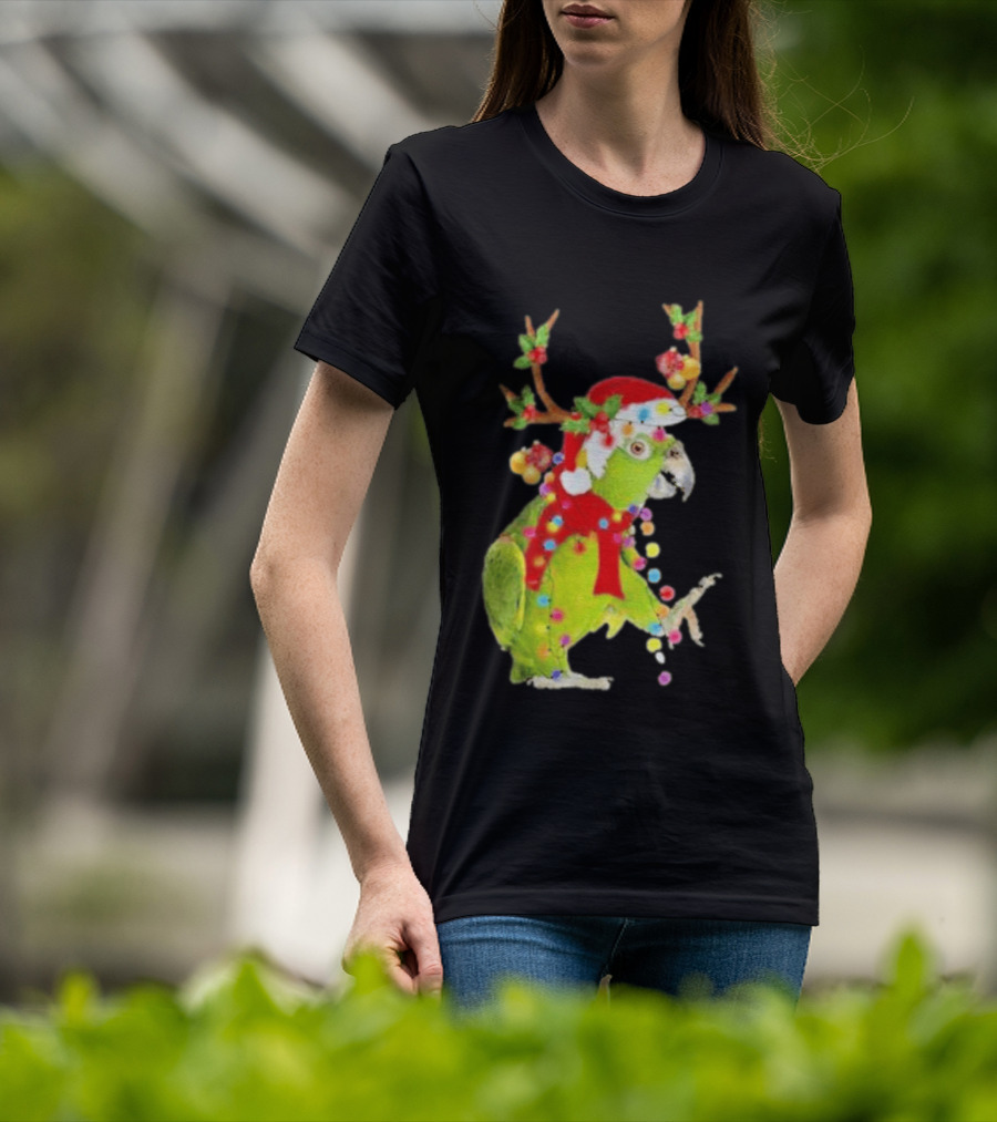 Festive Parrot Wearing Santa Hat And Reindeer Antlers T-Shirt