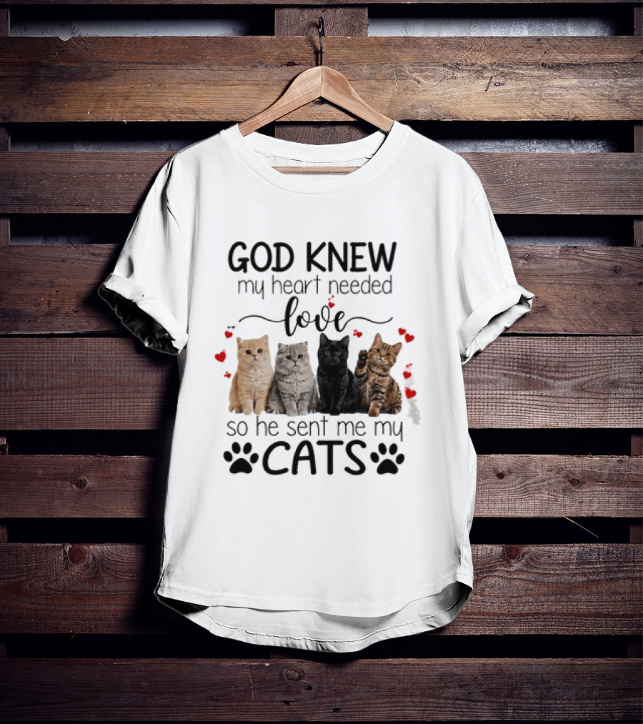 God Knew My Heart Needed Love So He Sent Me My Cats Cute Feline Companions With Paw Prints And Hearts T-Shirt