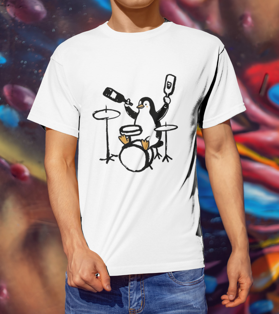 Penguin Playing Drums Drinking Wine With Bottle T-Shirt
