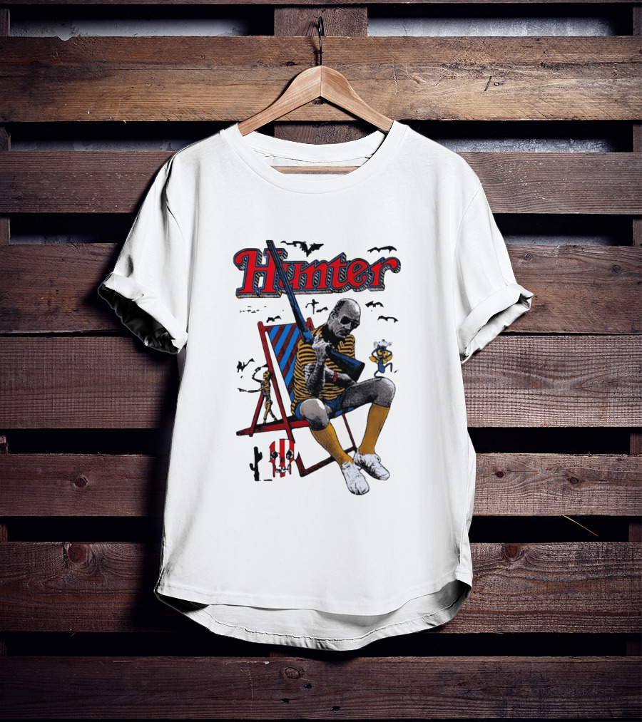 Hunter July 18 1937 February 20 2005 Man Holding Rifle Striped Chair Yellow Socks T-Shirt