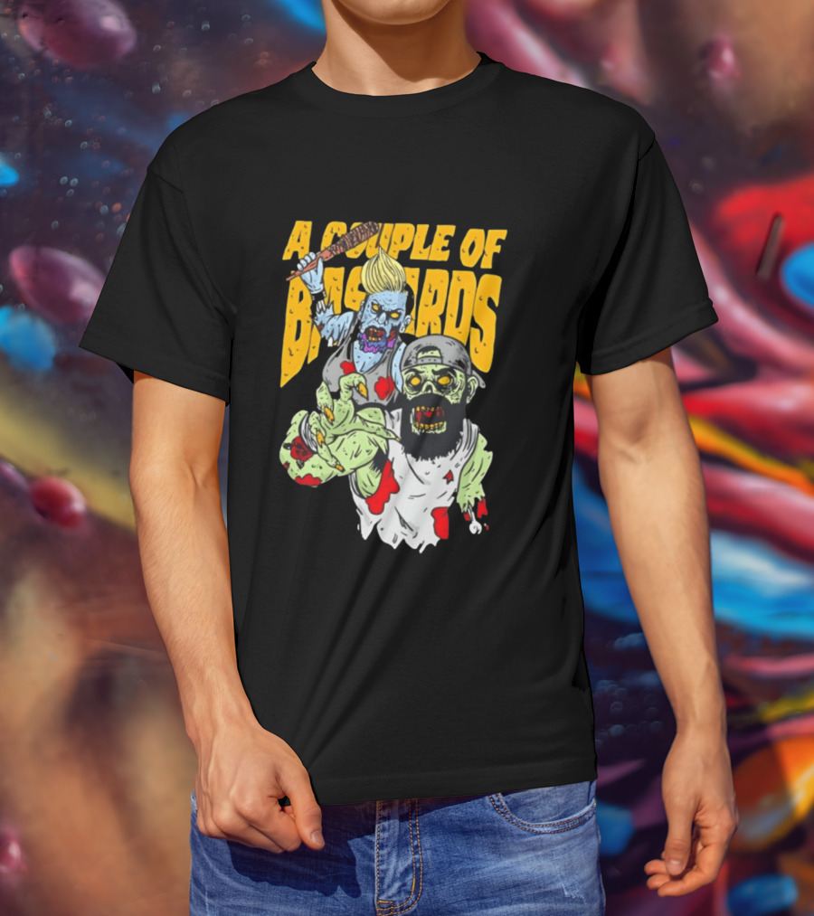 A Couple Of Bastards Zombie Cartoon With Baseball Bat And Beard T-Shirt
