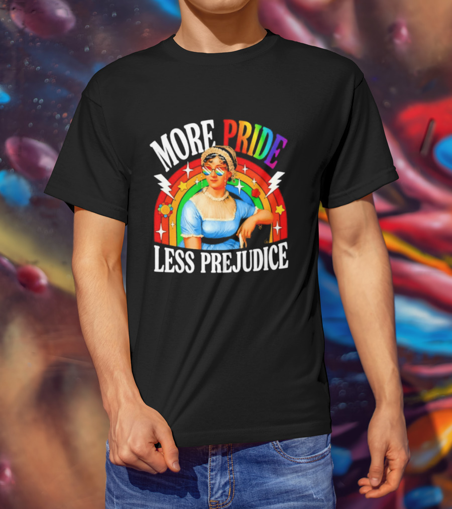 More Pride Less Prejudice LGBTQ Rainbow Heart Jane Austen Pride Month T-Shirt