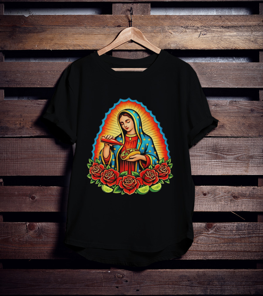 Virgen Maria With Taco And Hot Sauce Surrounded By Roses And Lime Slices T-Shirt