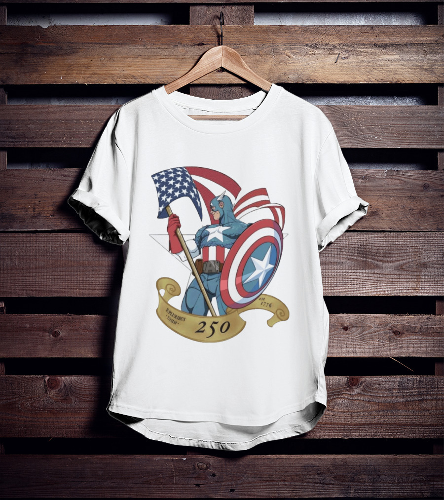 Captain America Marvel 250 E Pluribus Unum EST 1776 Patriotic Hero Shield American Flag T-Shirt