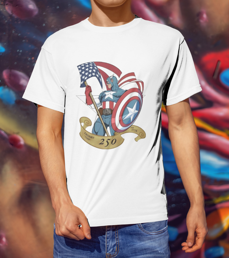 Captain America Marvel 250 E Pluribus Unum EST 1776 Patriotic Hero Shield American Flag T-Shirt