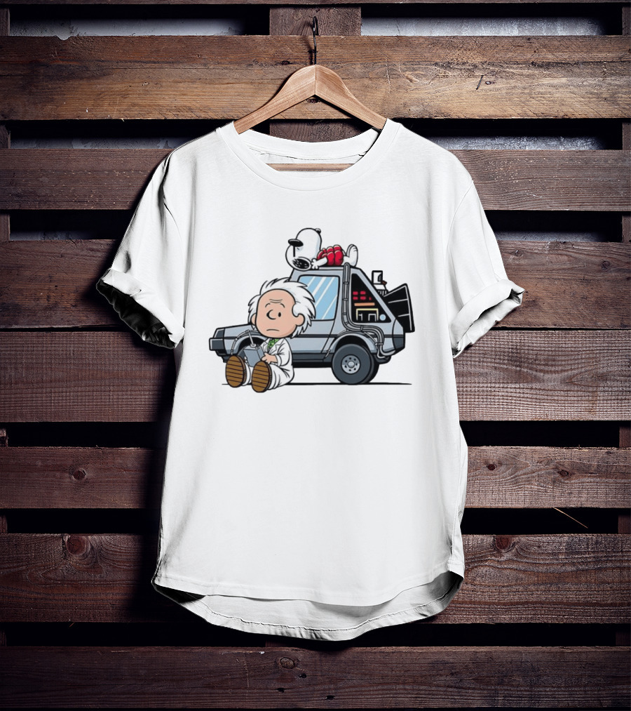Doc Brown Snoopy Back To The Future Delorean Time Machine Cartoon Mashup T-Shirt