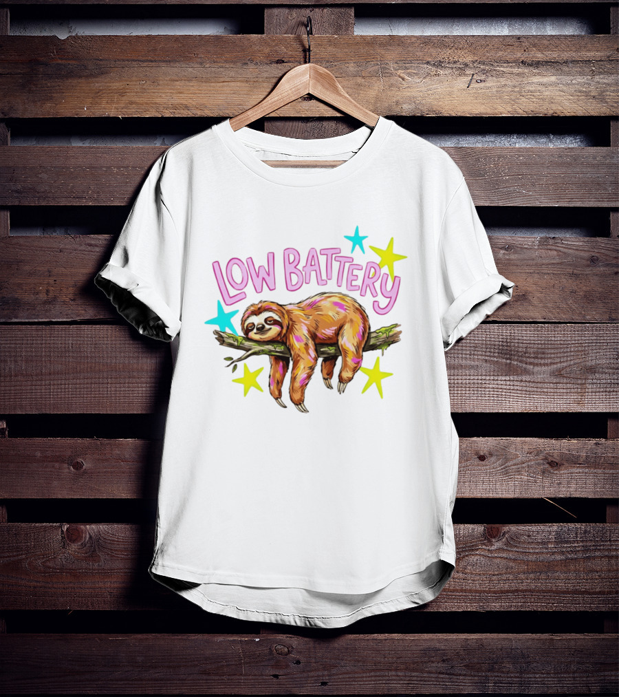 Lazy Sloth Low Battery Tired Animal With Colorful Stars T-Shirt