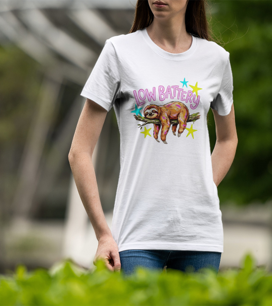 Lazy Sloth Low Battery Tired Animal With Colorful Stars T-Shirt