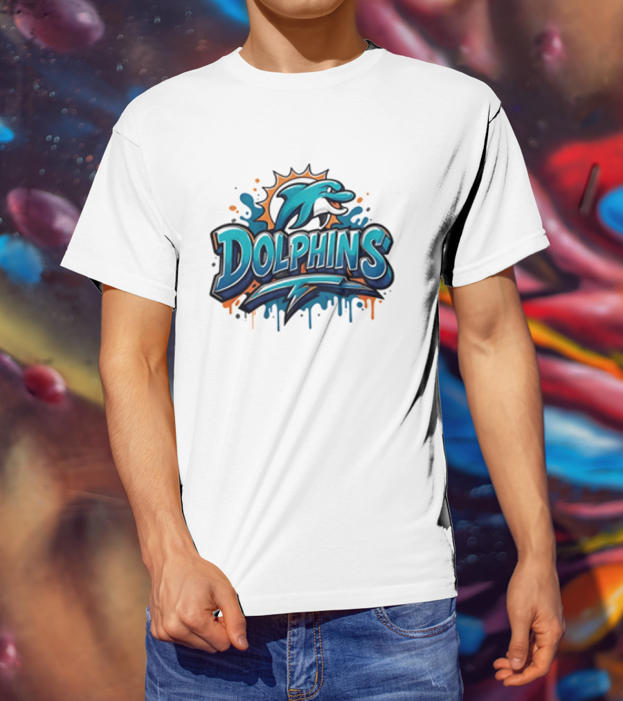Miami Dolphins Graffiti Football Dolphins Splash Blue Orange T-Shirt