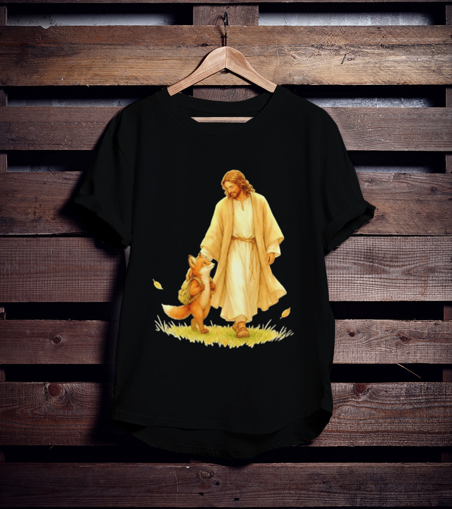 Jesus Christ And Fox Companion With Backpack In Nature Scene T-Shirt