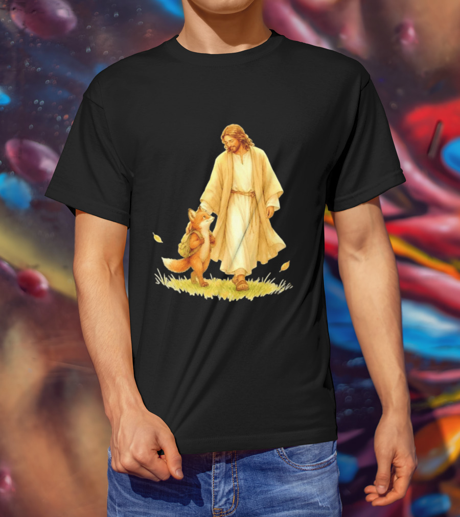 Jesus Christ And Fox Companion With Backpack In Nature Scene T-Shirt